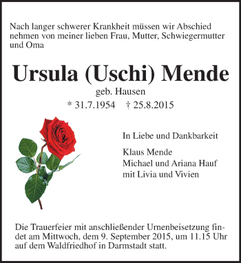 Traueranzeige von Ursula  Mende von trauer.echo-online.de