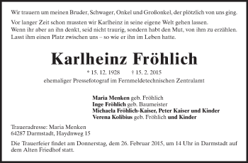 Traueranzeige von Karlheinz Fröhlich von Echo-Zeitungen (Gesamtausgabe)