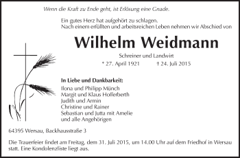 Traueranzeige von Wilhelm Weidmann von Echo-Zeitungen (Gesamtausgabe)