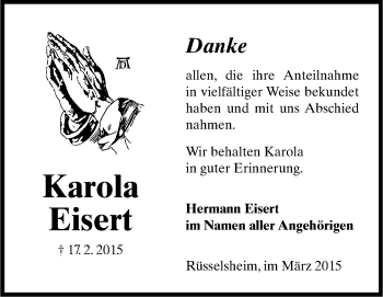 Traueranzeige von Karola Eisert von Rüsselsheimer Echo, Groß-Gerauer-Echo, Ried Echo
