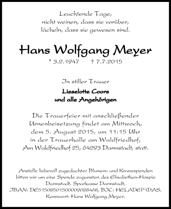 Traueranzeige von Hans Wolfgang Meyer von Echo-Zeitungen (Gesamtausgabe)