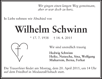 Traueranzeige von Wilhelm Schwinn von Echo-Zeitungen (Gesamtausgabe)