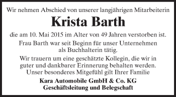 Traueranzeige von Krista Barth von Echo-Zeitungen (Gesamtausgabe)