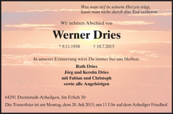 Traueranzeige von Werner Dries von Echo-Zeitungen (Gesamtausgabe)