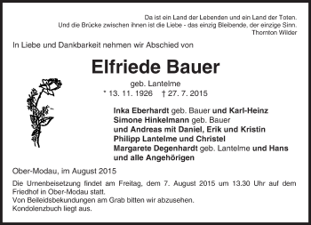 Traueranzeige von Elfriede Bauer von trauer.echo-online.de