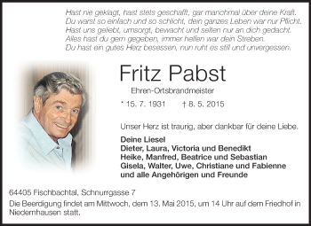 Traueranzeige von Fritz Pabst von Echo-Zeitungen (Gesamtausgabe)