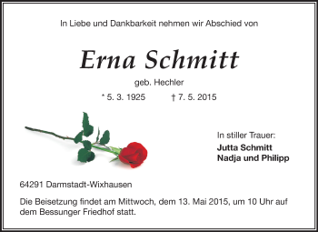 Traueranzeige von Erna Schmitt von Echo-Zeitungen (Gesamtausgabe)