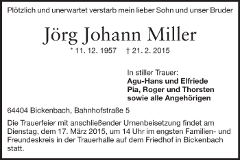 Traueranzeige von Jörg Johann Miller von Echo-Zeitungen (Gesamtausgabe)