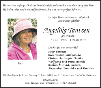 Traueranzeige von Angelika Tantzen von Echo-Zeitungen (Gesamtausgabe)