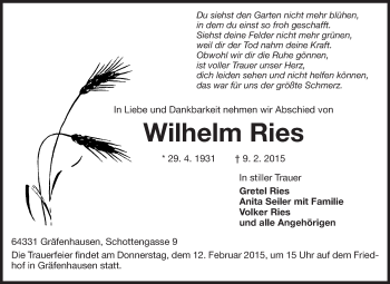 Traueranzeige von Wilhelm Ries von Echo-Zeitungen (Gesamtausgabe)