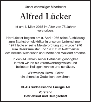Traueranzeige von Alfred Lücker von Echo-Zeitungen (Gesamtausgabe)