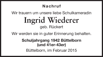 Traueranzeige von Ingrid Wiederer von Rüsselsheimer Echo, Groß-Gerauer-Echo, Ried Echo