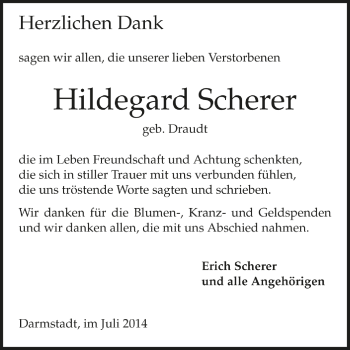 Traueranzeige von Hildegard  Scherer von Darmstädter Echo