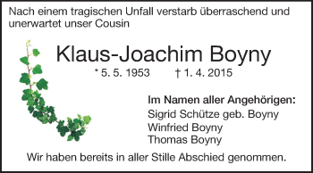 Traueranzeige von Klaus-Joachim Boyny von Echo-Zeitungen (Gesamtausgabe)