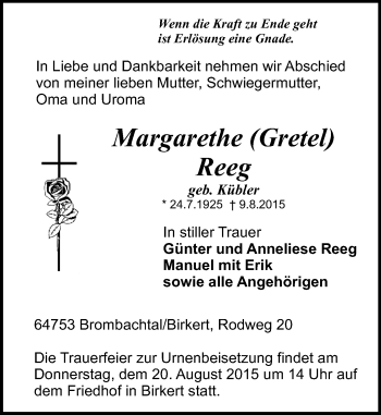 Traueranzeige von Margarethe Reeg von trauer.echo-online.de
