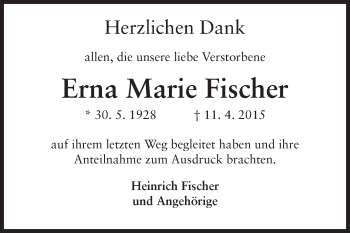 Traueranzeige von Erna Marie Fischer von Starkenburger Echo