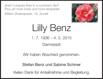 Traueranzeige von Lilly Benz von Echo-Zeitungen (Gesamtausgabe)