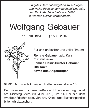 Traueranzeige von Wolfgang Gebauer von Echo-Zeitungen (Gesamtausgabe)