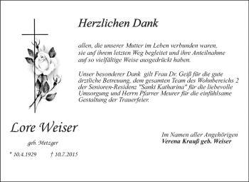 Traueranzeige von Lore Weiser von Starkenburger Echo