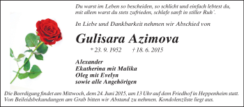 Traueranzeige von Gulisara Azimova von Starkenburger Echo
