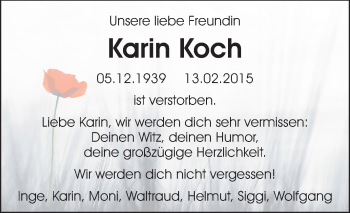 Traueranzeige von Karin Koch von Echo-Zeitungen (Gesamtausgabe)