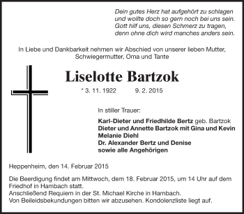 Traueranzeige von Liselotte Bartzok von Starkenburger Echo