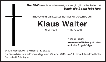 Traueranzeige von Klaus Walter von Echo-Zeitungen (Gesamtausgabe)