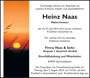 Traueranzeige von Heinz Naas von Odenwälder Echo