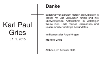 Traueranzeige von Karl Paul Gries von Echo-Zeitungen (Gesamtausgabe)