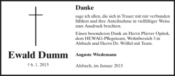 Traueranzeige von Ewald Dumm von Echo-Zeitungen (Gesamtausgabe)