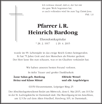 Traueranzeige von Heinrich Bardong von Echo-Zeitungen (Gesamtausgabe)