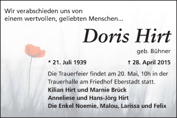 Traueranzeige von Doris Hirt von Echo-Zeitungen (Gesamtausgabe)