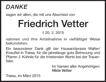 Traueranzeige von Friedrich Vetter von Echo-Zeitungen (Gesamtausgabe)