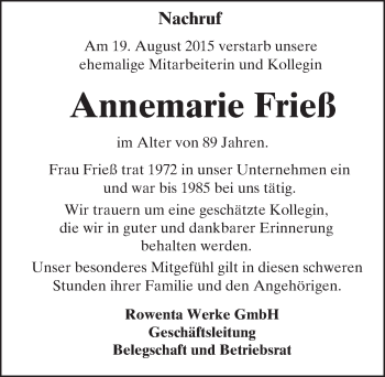 Traueranzeige von Annemarie Frieß von trauer.echo-online.de