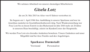 Traueranzeige von Gisela Lotz von Echo-Zeitungen (Gesamtausgabe)