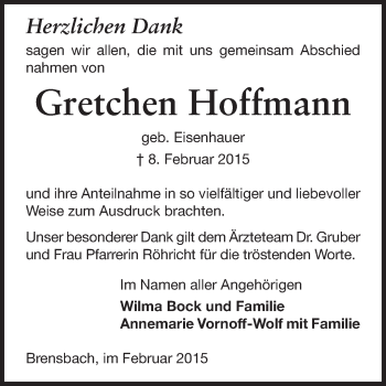 Traueranzeige von Gretchen Hoffmann von Odenwälder Echo