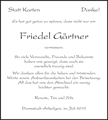 Traueranzeige von Friedel Gärtner von Echo-Zeitungen (Gesamtausgabe)