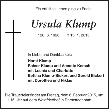 Traueranzeige von Ursula Klump von Echo-Zeitungen (Gesamtausgabe)
