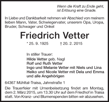 Traueranzeige von Friedrich Vetter von Echo-Zeitungen (Gesamtausgabe)