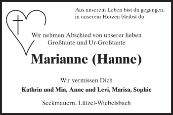 Traueranzeige von Marianne Rummel von Odenwälder Echo