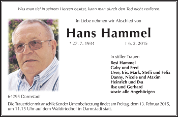 Traueranzeige von Hans Hammel von Echo-Zeitungen (Gesamtausgabe)