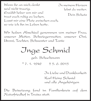 Traueranzeige von Inge Schmid von Echo-Zeitungen (Gesamtausgabe)
