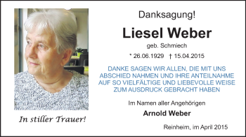 Traueranzeige von Liesel Weber von Darmstädter Echo, Odenwälder Echo, Rüsselsheimer Echo, Groß-Gerauer-Echo, Ried Echo