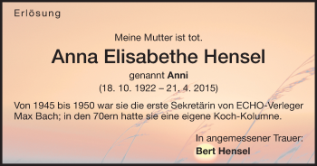 Traueranzeige von Anna Elisabethe Hensel von Echo-Zeitungen (Gesamtausgabe)