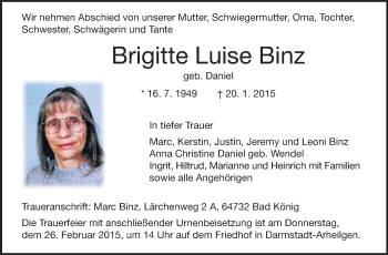 Traueranzeige von Brigitte Luise Binz von Echo-Zeitungen (Gesamtausgabe)