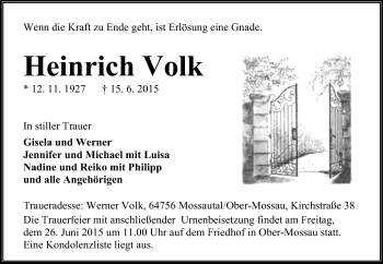 Traueranzeige von Heinrich Volk von Odenwälder Echo