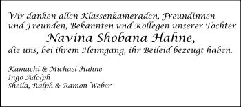 Traueranzeige von Navina Shobana Hahne von Echo-Zeitungen (Gesamtausgabe)