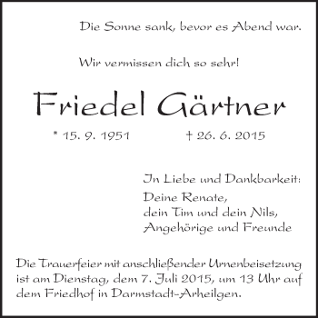 Traueranzeige von Friedel Gärtner von Echo-Zeitungen (Gesamtausgabe)