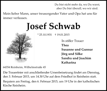 Traueranzeige von Josef Schwab von Darmstädter Echo, Odenwälder Echo, Rüsselsheimer Echo, Groß-Gerauer-Echo, Ried Echo