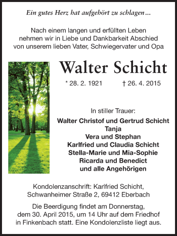Traueranzeige von Walter Schicht von Odenwälder Echo